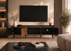 Meuble TV AMBER 160 cm – Noir et bois, façade cannelée et 3 portes