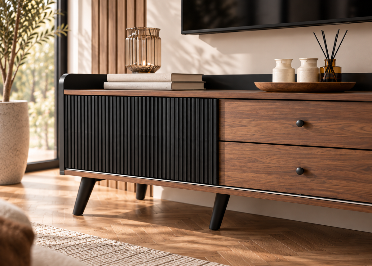 Meuble TV LINÉA - design noir texturé et effet bois 160 cm avec rangements et tiroirs