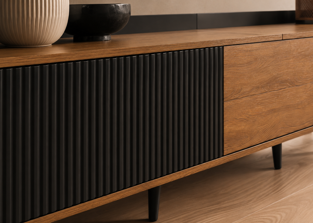 Meuble TV AMBER 160 cm – Noir et bois, façade cannelée et 3 portes