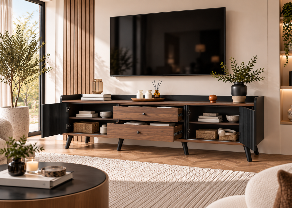 Meuble TV LINÉA - design noir texturé et effet bois 160 cm avec rangements et tiroirs
