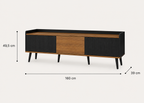 Meuble TV AMBER 160 cm – Noir et bois, façade cannelée et 3 portes