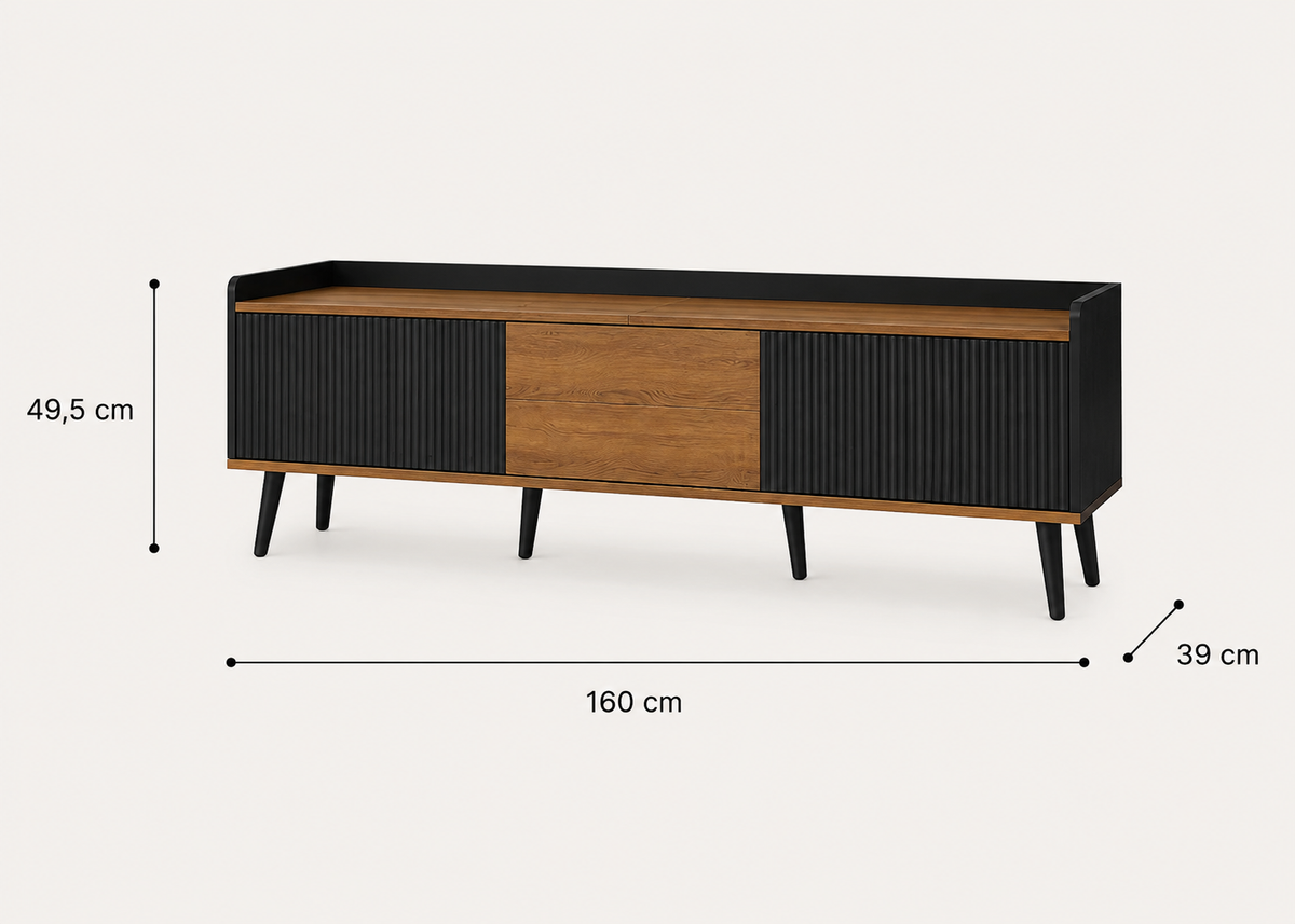 Meuble TV AMBER 160 cm – Noir et bois, façade cannelée et 3 portes