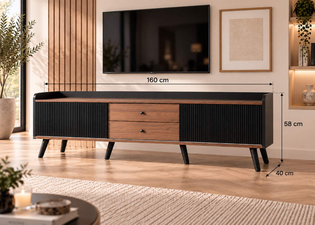 Meuble TV LINÉA - design noir texturé et effet bois 160 cm avec rangements et tiroirs