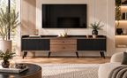 Meuble TV LINÉA - design noir texturé et effet bois 160 cm avec rangements et tiroirs