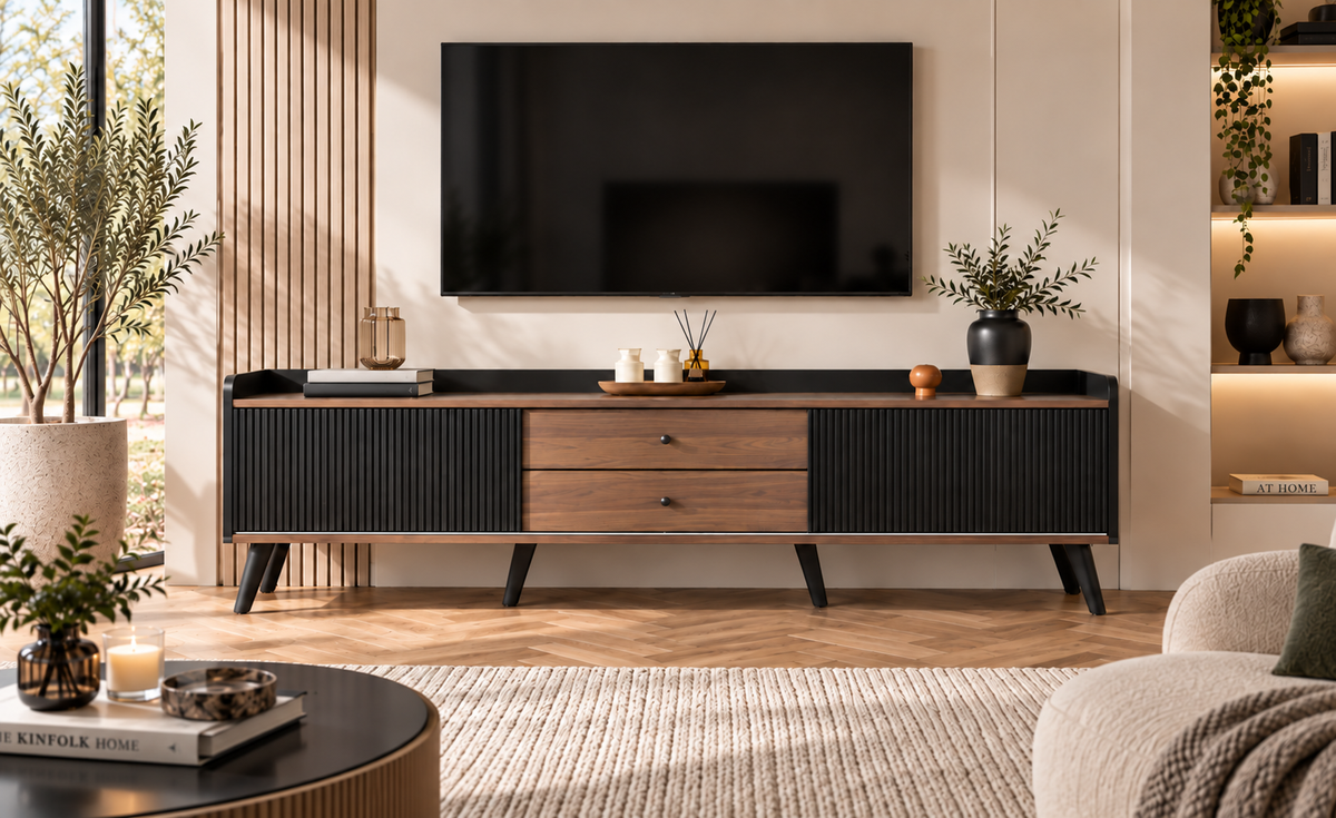 Meuble TV LINÉA - design noir texturé et effet bois 160 cm avec rangements et tiroirs