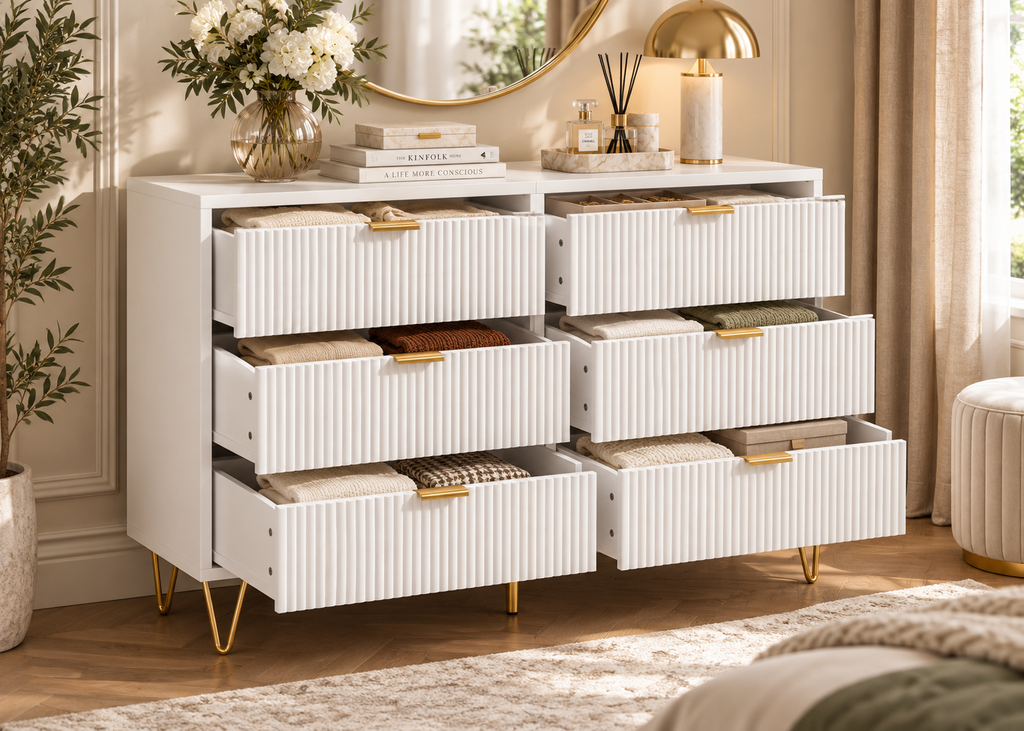 Commode LIVIA – Blanche avec détails dorés et pieds métal