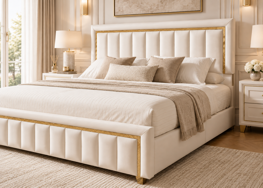 Lit coffre MAJESTÉ 140×200 – Rangement intégré et tête de lit élégante