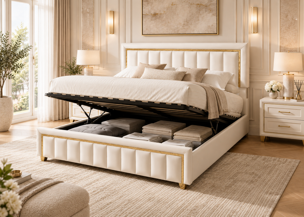 Lit coffre MAJESTÉ 140×200 – Rangement intégré et tête de lit élégante