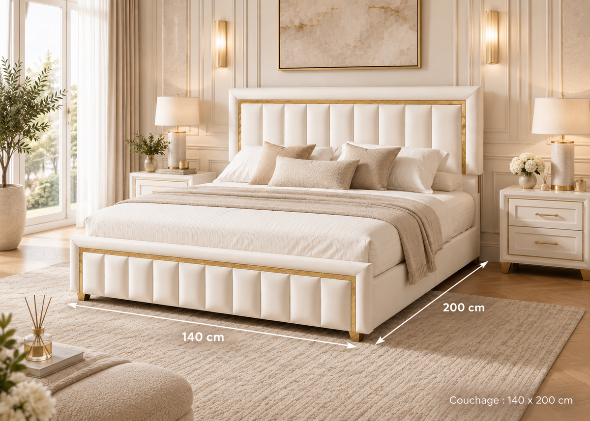 Lit coffre MAJESTÉ 140×200 – Rangement intégré et tête de lit élégante