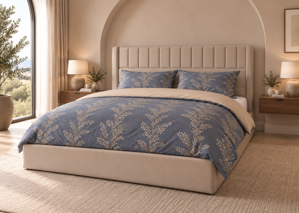 Parure de lit NÉRIAL 160x200cm – motif feuillage gris perle et beige