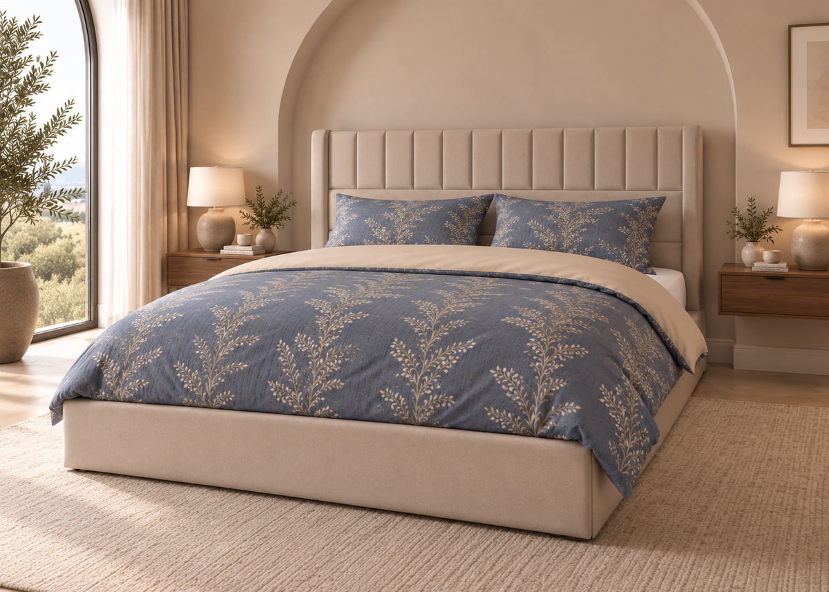 Parure de lit NÉRIAL 160x200cm – motif feuillage gris perle et beige