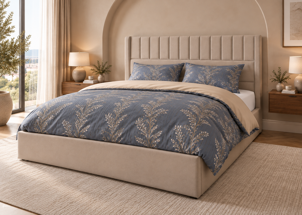 Parure de lit NÉRIAL 160x200cm – motif feuillage gris perle et beige
