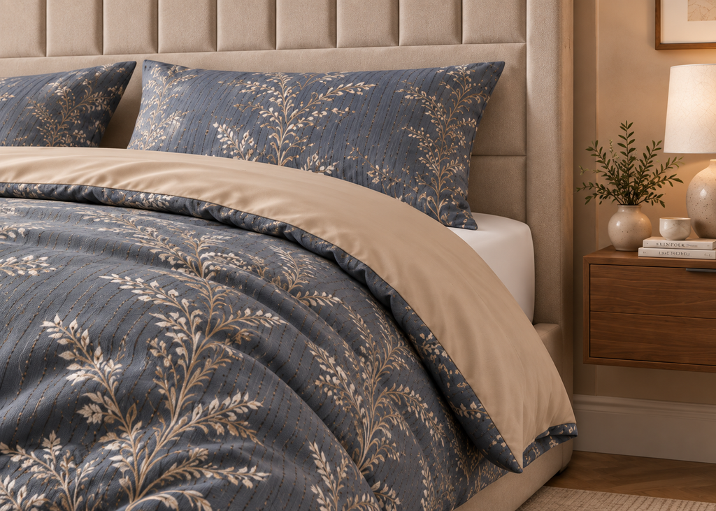 Parure de lit NÉRIAL 160x200cm – motif feuillage gris perle et beige