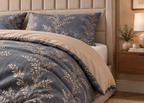 Parure de lit NÉRIAL 160x200cm – motif feuillage gris perle et beige