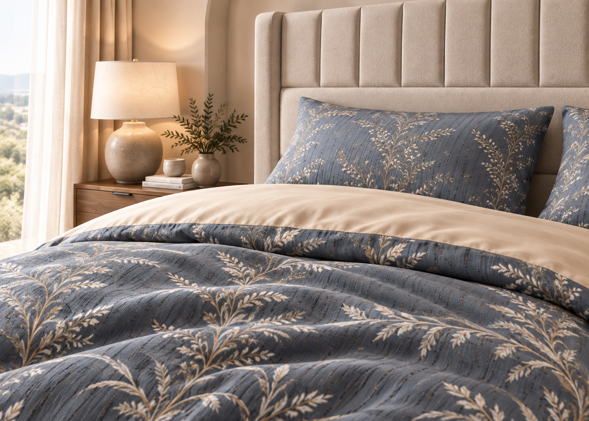 Parure de lit NÉRIAL 160x200cm – motif feuillage gris perle et beige