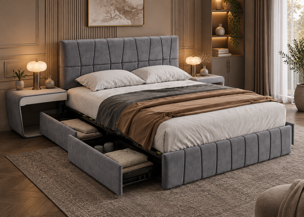 Lit NOCTURNE 160×200 en velours gris – 4 tiroirs de rangement