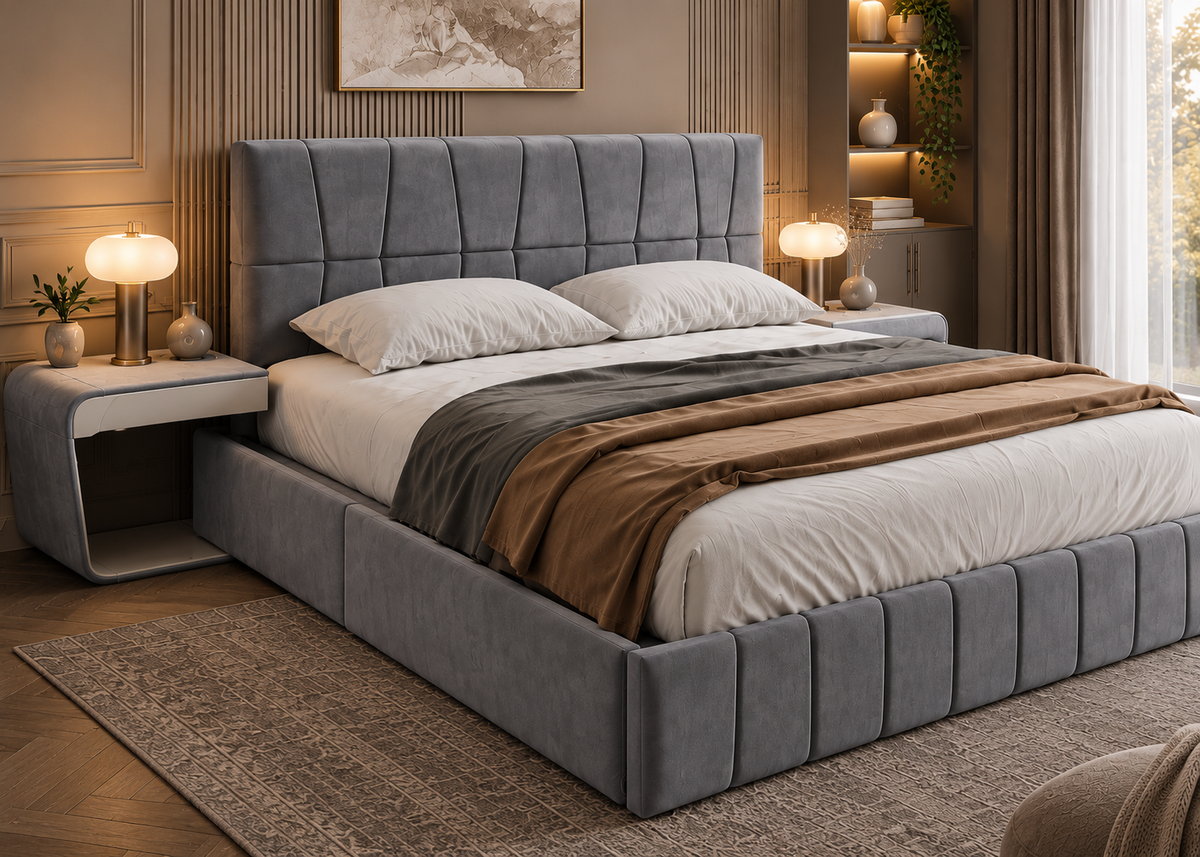 Lit NOCTURNE 160×200 en velours gris – 4 tiroirs de rangement