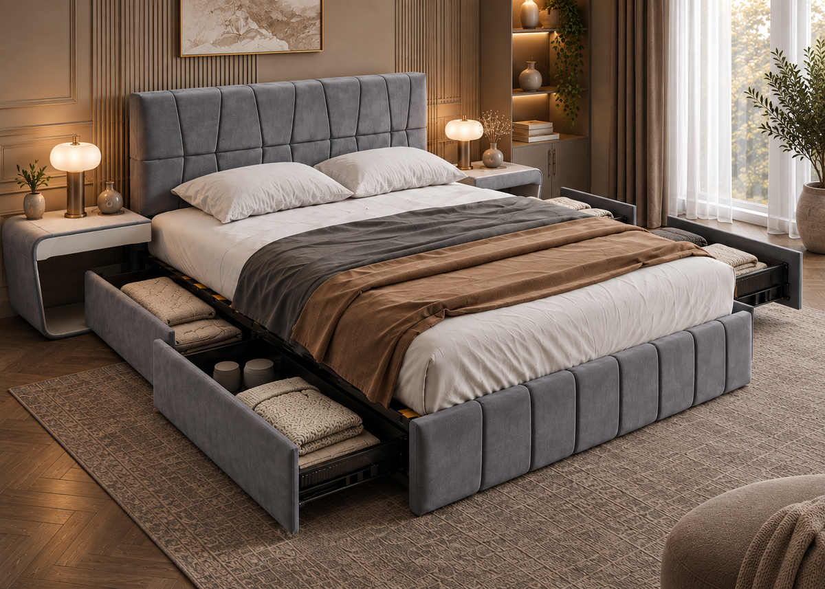 Lit NOCTURNE 160×200 en velours gris – 4 tiroirs de rangement