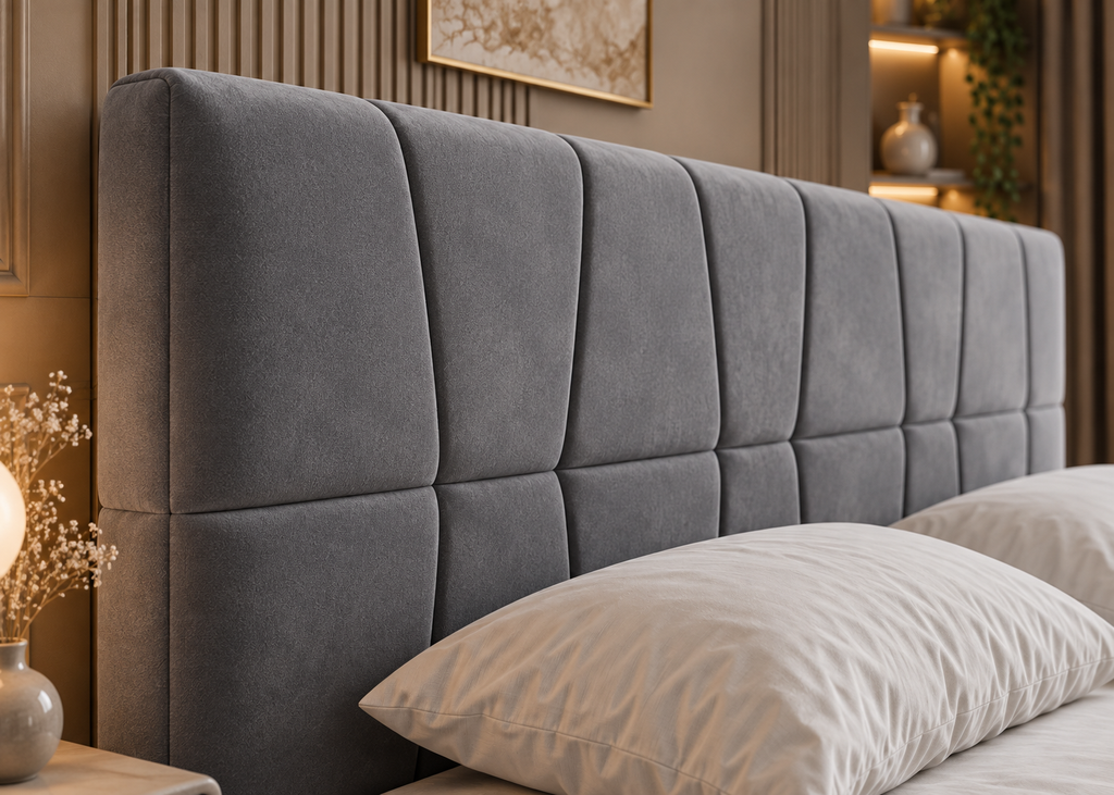Lit NOCTURNE 160×200 en velours gris – 4 tiroirs de rangement