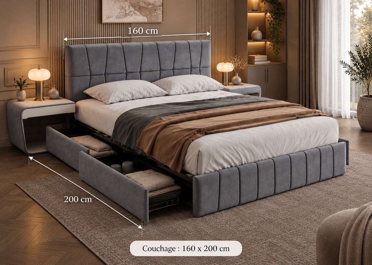 Lit NOCTURNE 160×200 en velours gris – 4 tiroirs de rangement