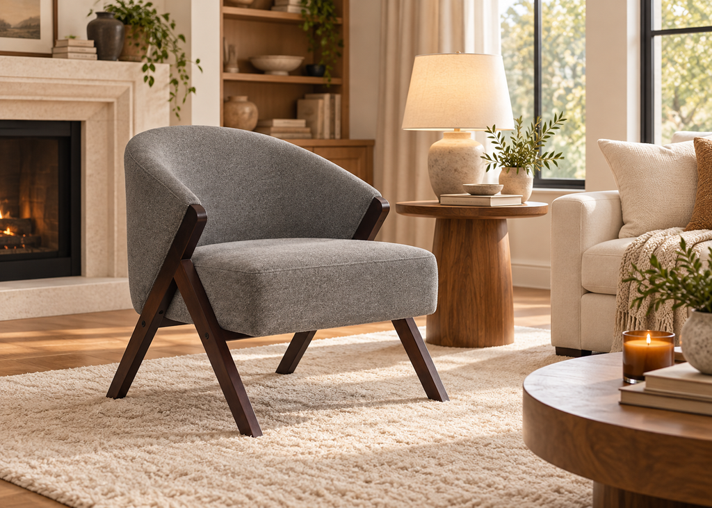 Fauteuil crème NORVEN – dossier arrondi et structure bois foncé