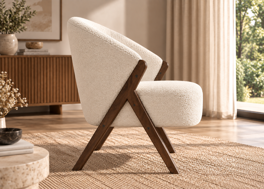 Fauteuil crème NORVEN – dossier arrondi et structure bois foncé