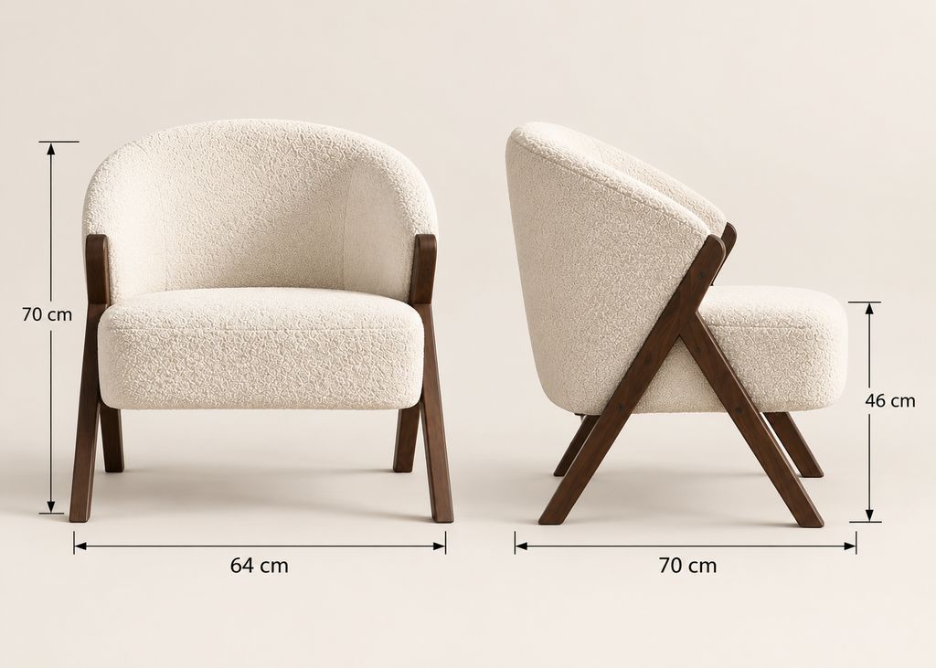 Fauteuil crème NORVEN – dossier arrondi et structure bois foncé