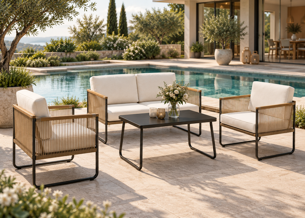 Salon de jardin NOVERA 4 pièces – Canapé, fauteuils et table basse