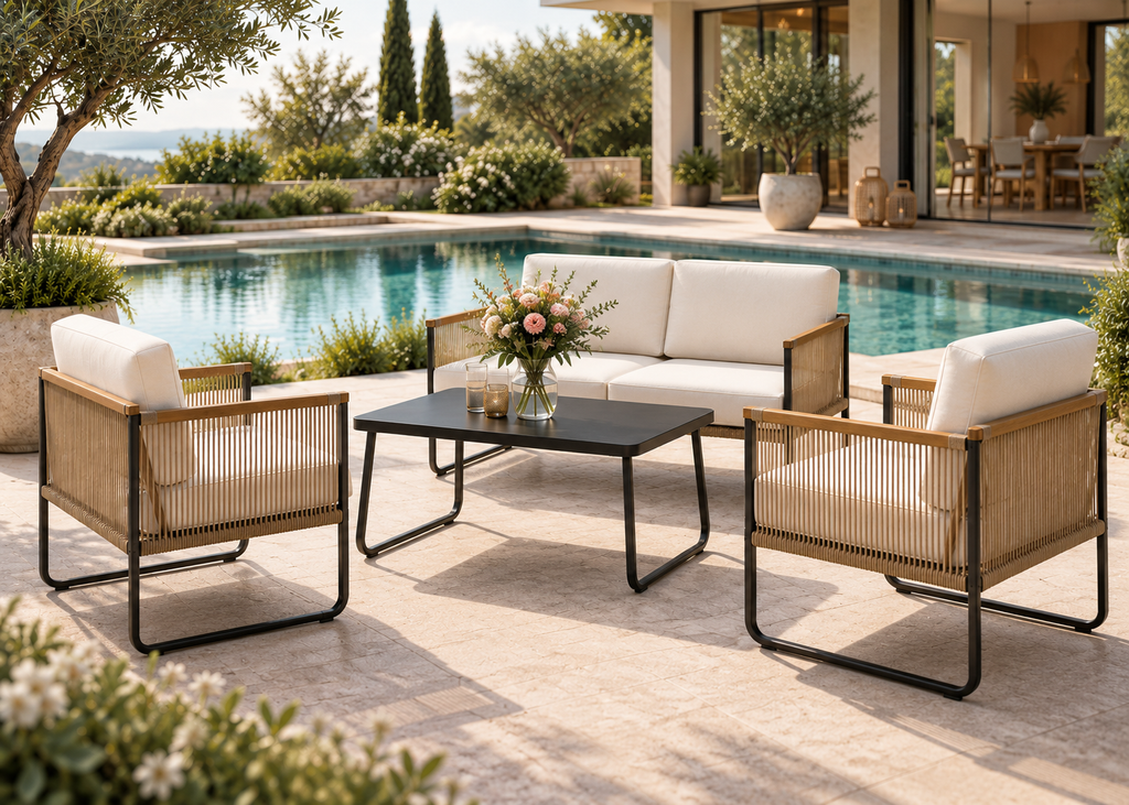 Salon de jardin NOVERA 4 pièces – Canapé, fauteuils et table basse