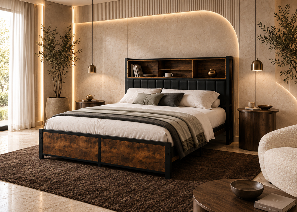 Lit double OMBRÉBÈNE – Gris & bois, design contemporain