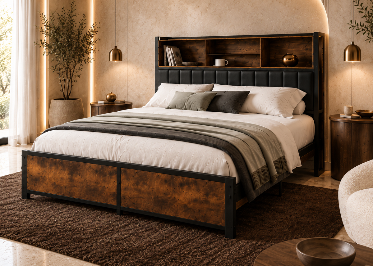 Lit double OMBRÉBÈNE – Gris & bois, design contemporain