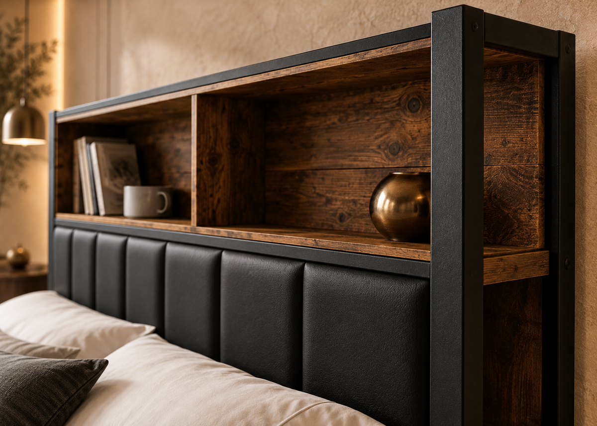 Lit double OMBRÉBÈNE – Gris & bois, design contemporain