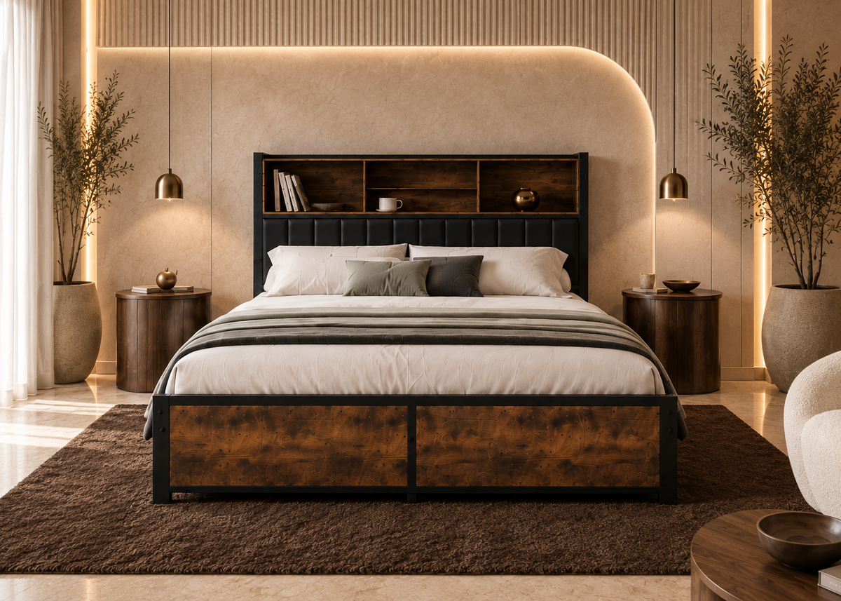Lit double OMBRÉBÈNE – Gris & bois, design contemporain