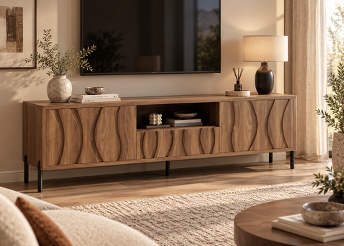Collection ONDARIA – Meuble TV & table basse en bois massif au design ondulé