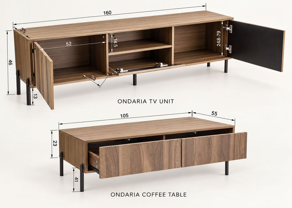 Collection ONDARIA – Meuble TV & table basse en bois massif au design ondulé