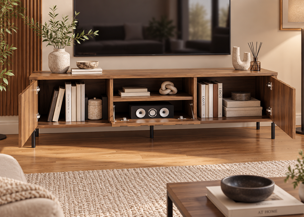 Collection ONDARIA – Meuble TV & table basse en bois massif au design ondulé