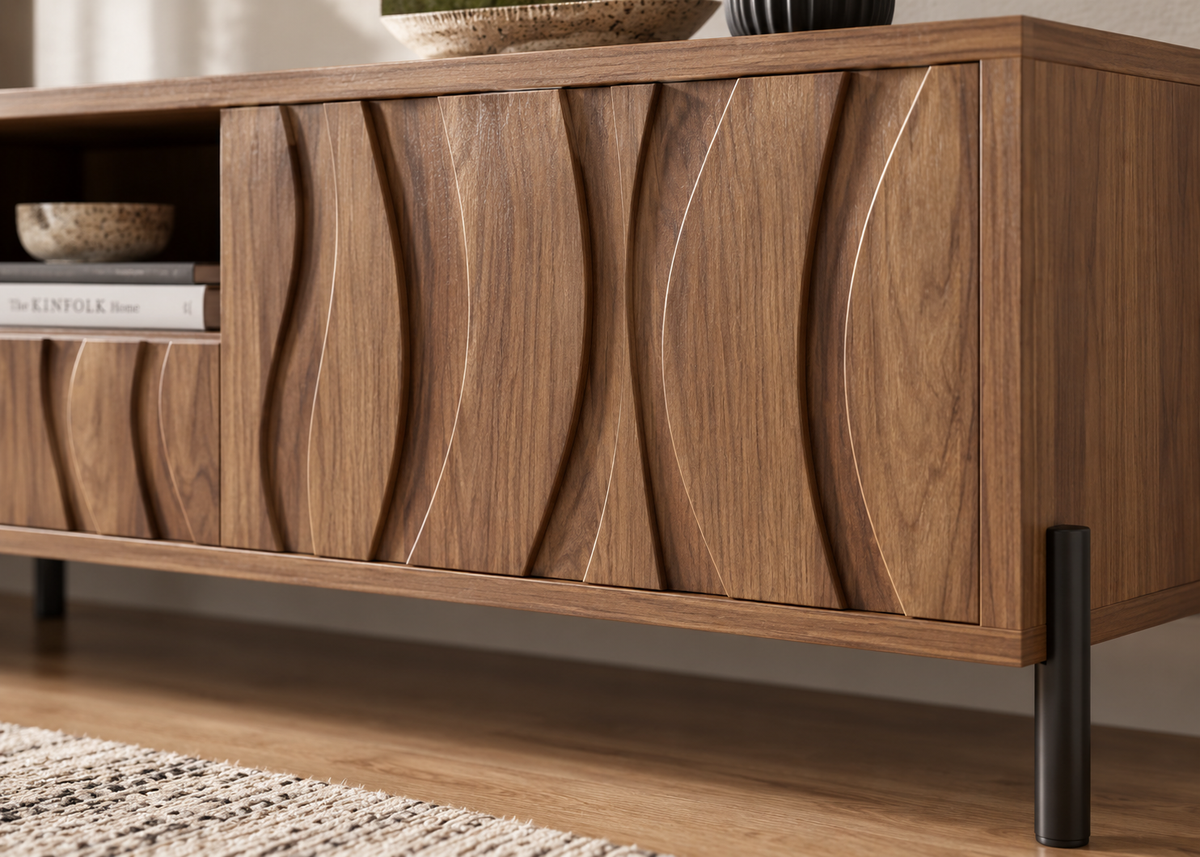 Collection ONDARIA – Meuble TV & table basse en bois massif au design ondulé