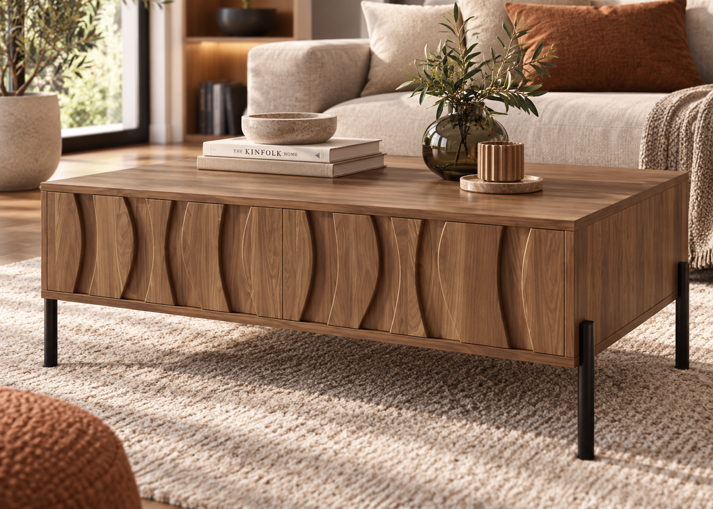 Collection ONDARIA – Meuble TV & table basse en bois massif au design ondulé