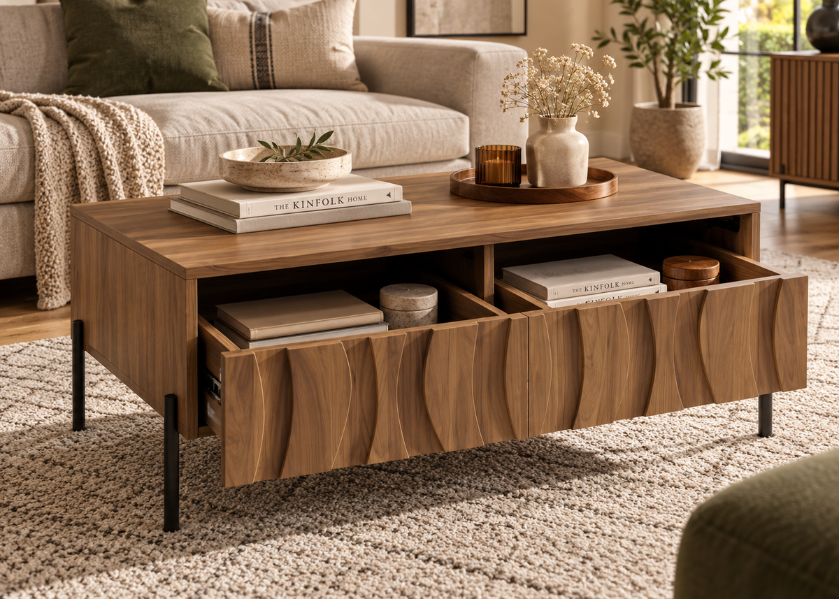 Collection ONDARIA – Meuble TV & table basse en bois massif au design ondulé