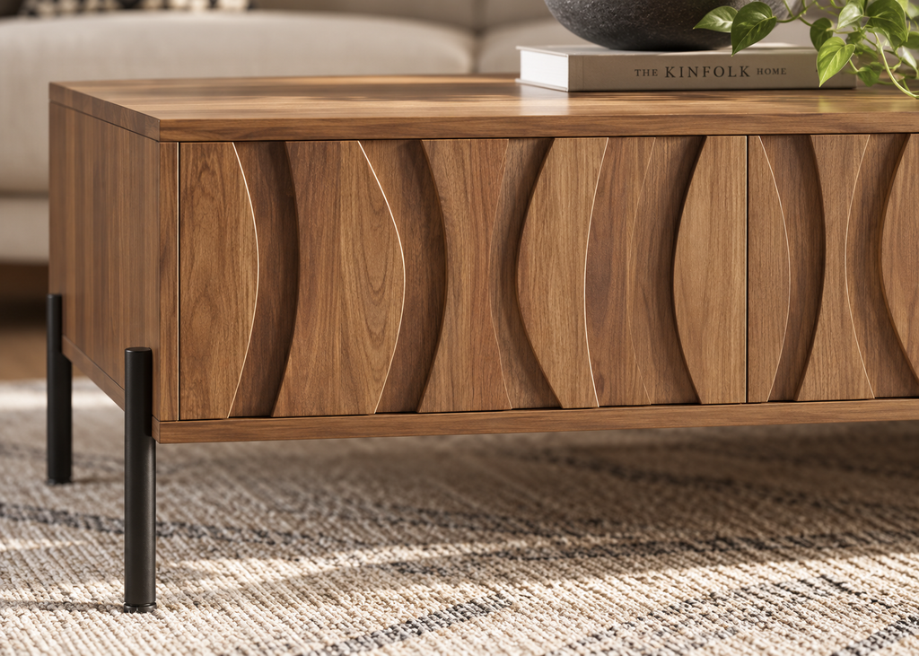 Collection ONDARIA – Meuble TV & table basse en bois massif au design ondulé