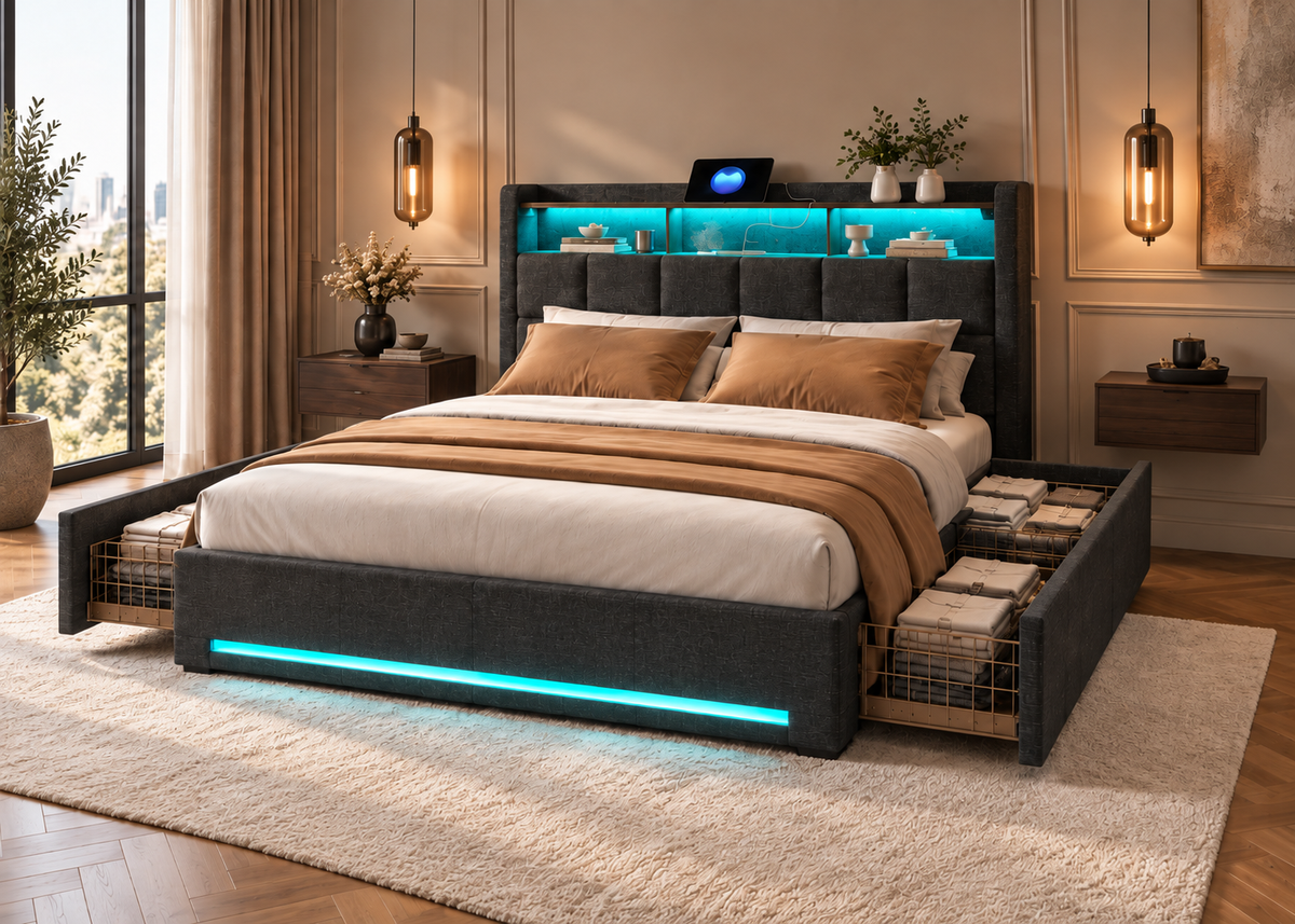 Lit OPALE – Lit double moderne avec 4 tiroirs de rangement