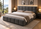 Lit double ORAGE 140x200/160x200 – Entièrement capitonné en tissu gris