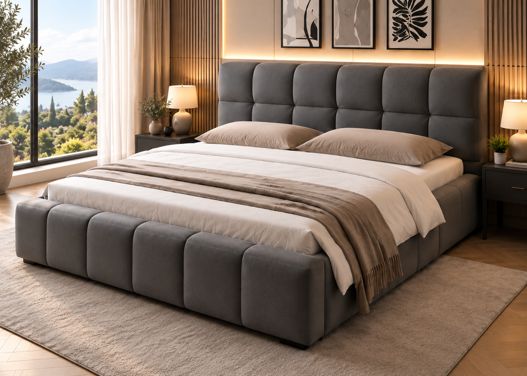 Lit double ORAGE 140x200/160x200 – Entièrement capitonné en tissu gris