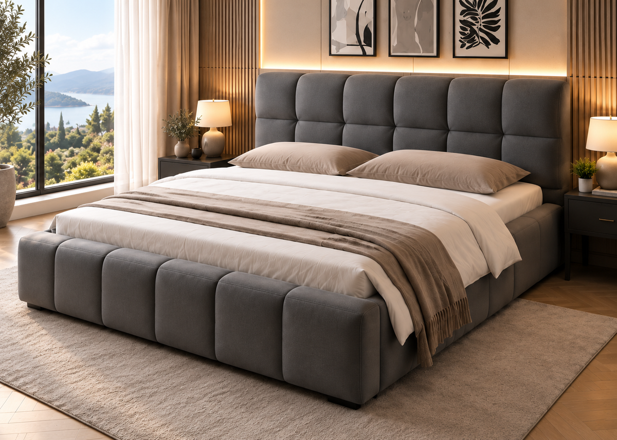Lit double ORAGE 140x200/160x200 – Entièrement capitonné en tissu gris