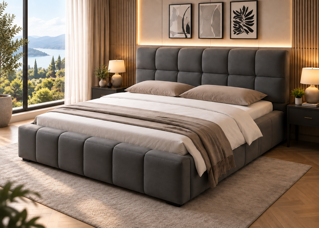 Lit double ORAGE 140x200/160x200 – Entièrement capitonné en tissu gris