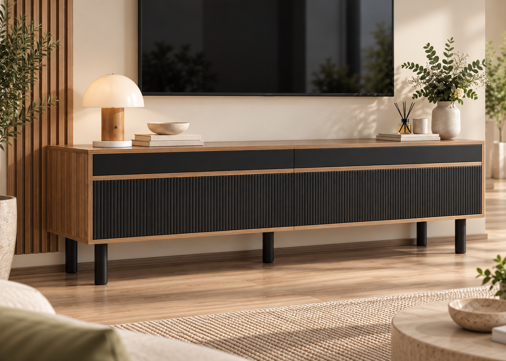 Meuble TV ORSEN - contemporain noir et bois 170 cm à façades rainurées