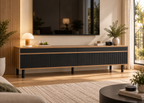 Meuble TV ORSEN - contemporain noir et bois 170 cm à façades rainurées