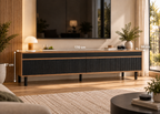 Meuble TV ORSEN - contemporain noir et bois 170 cm à façades rainurées