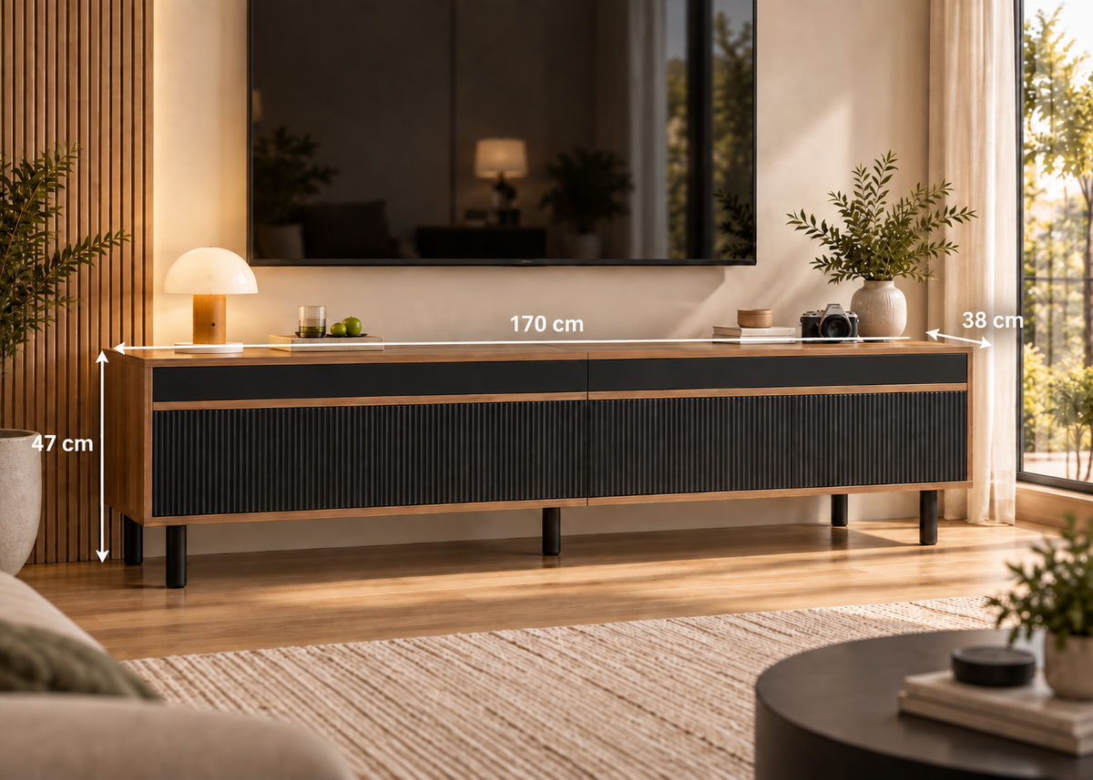 Meuble TV ORSEN - contemporain noir et bois 170 cm à façades rainurées