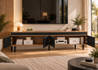 Meuble TV ORSEN - contemporain noir et bois 170 cm à façades rainurées